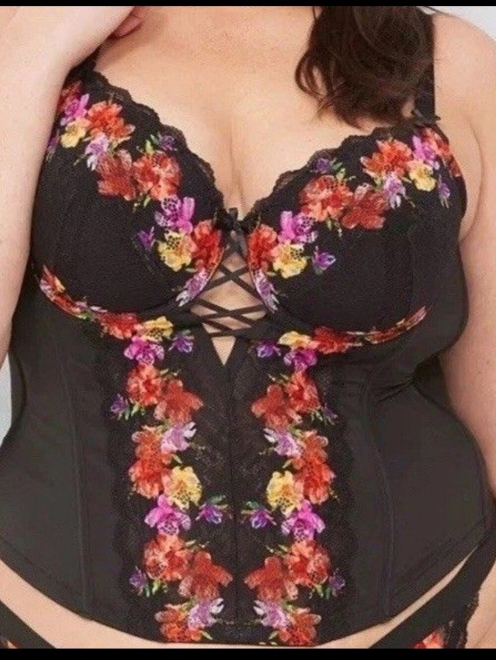 Cacique Stunning, Sexy Black Floral Corset Bustier Sz 44DDD